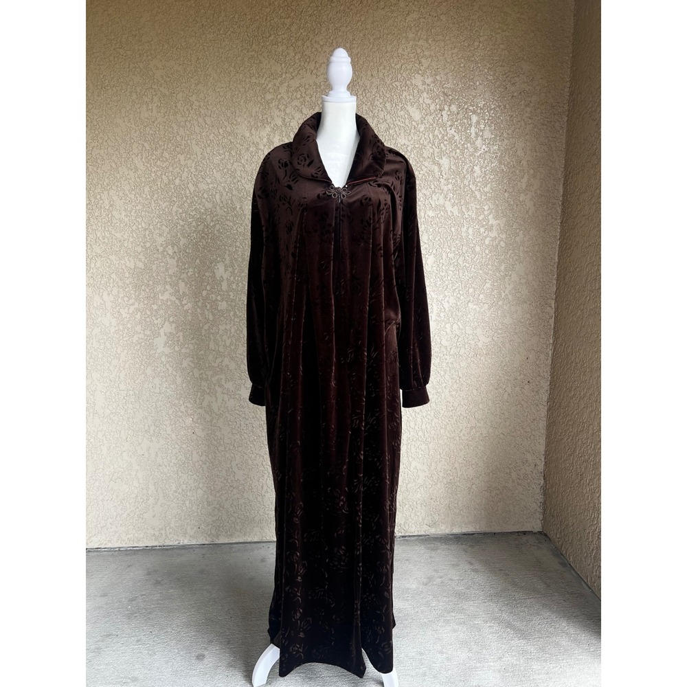 Vintage 1970s Chocolate Brown Velvet Velour Floral House Coat Robe XL Rose Print